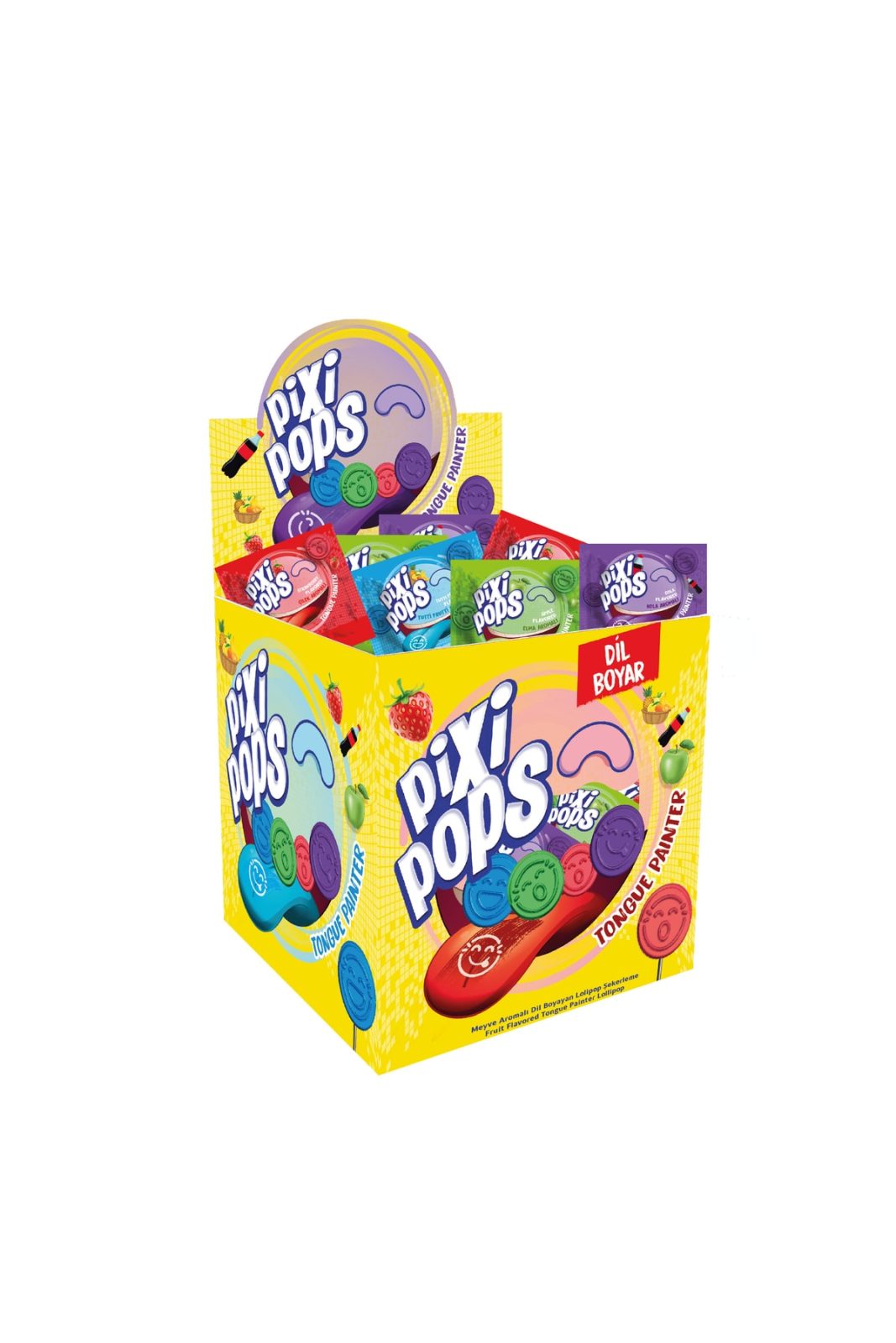 PIXI POPS; Kabartmalı Yüz İfadeli, Dil Boyayan Yassı Lolipop 6,2 gr x 150 Adet