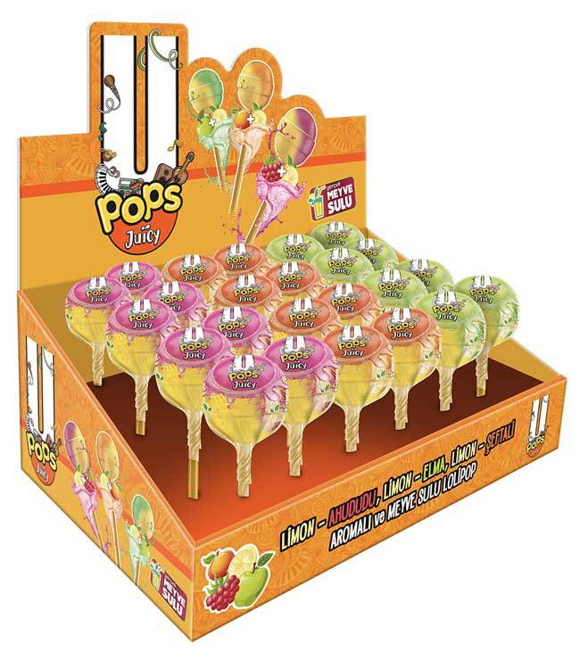 U POPS JUICY; Meyve Sulu Limon-Ahududu, Limon-Elma, Limon-Şeftali Aromalı Lolipop 19 gr x 24 Adet