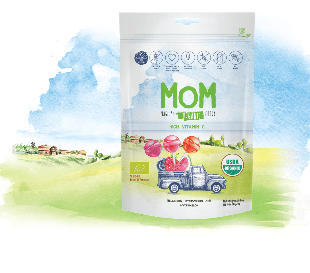 MOM MAGICAL ORGANİK MOODS; Organik Lolipop (Çilek, Karpuz, Yaban Mersini ve C Vitamini) 5,8 gr x 10 Adet / 1 Paket