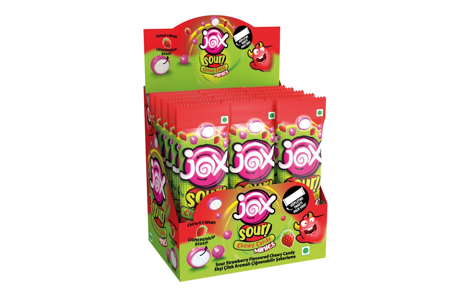 JOX MINIES EKŞİ ÇİLEK; Ekşi Çilek Aromalı Çiğnenebilir Draje Şekerleme 10 gr x 24 Adet