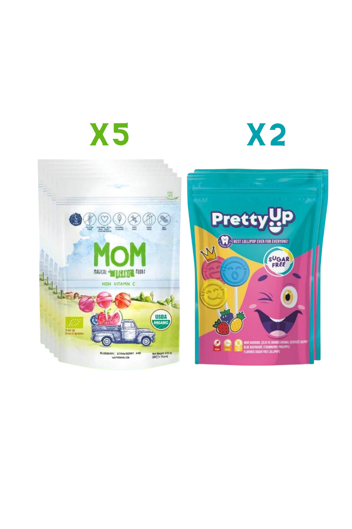 Organik Lolipop 58g x 5 Paket & Pretty Up Şekersiz Lolipop 55g x 2 Paket