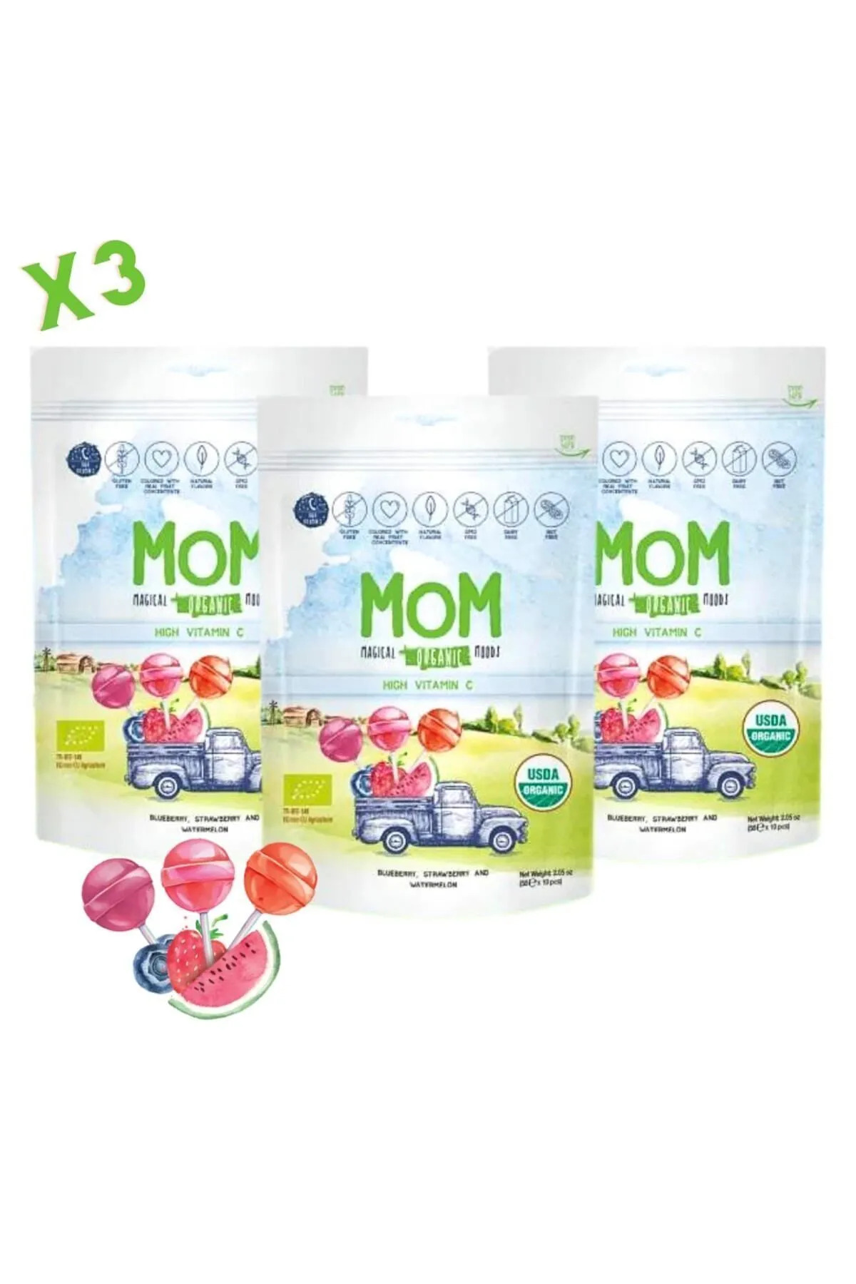 3'lü Organik Lolipop C Vitaminli 3 Farklı Meyve Aromalı