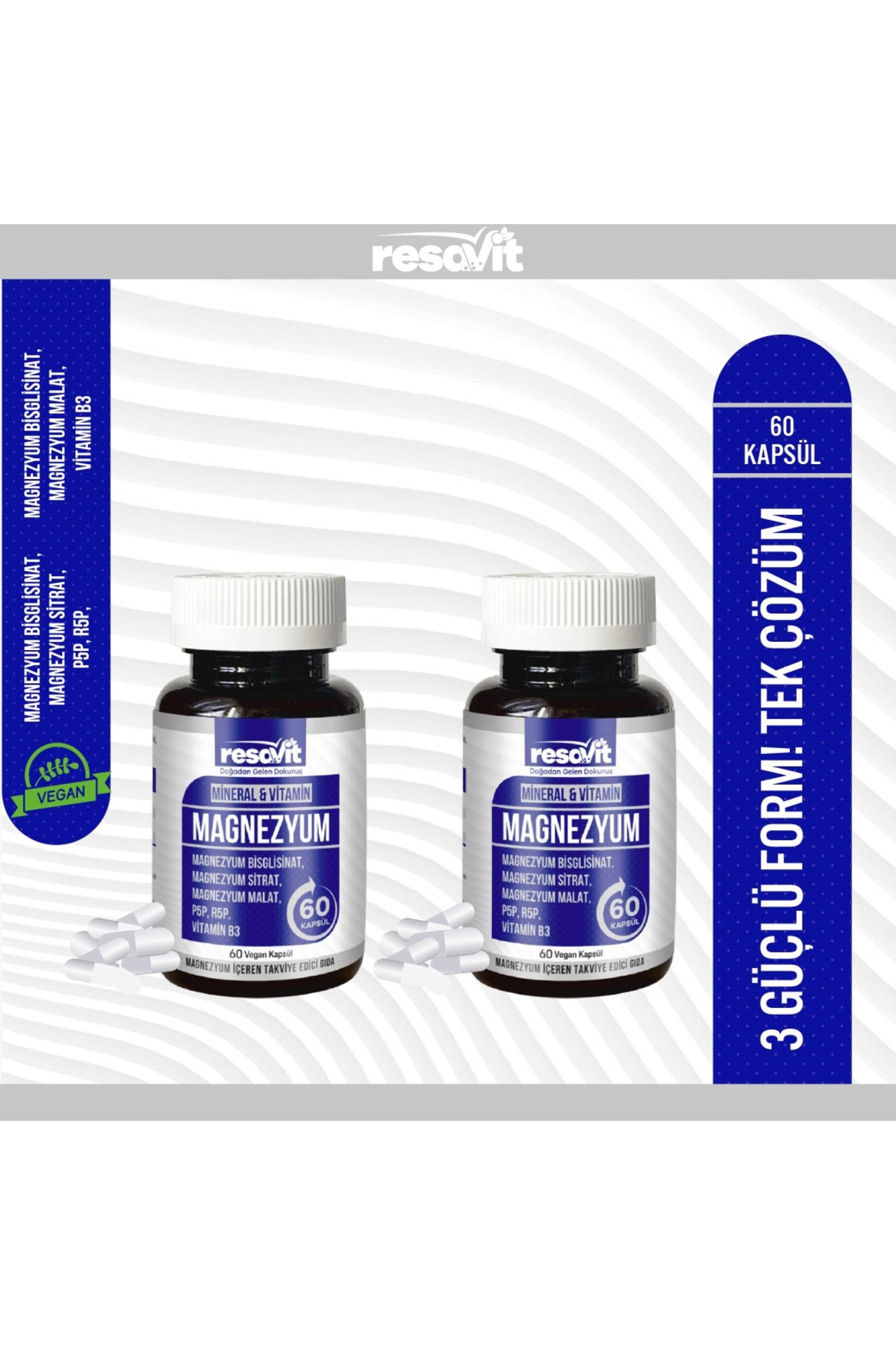 2 X Magnezyum 3’Lü Form (Bisglisinat-Sitrat-Malat) + Vitamin (B2, B3, B6) - 60 Bitkisel Kapsül